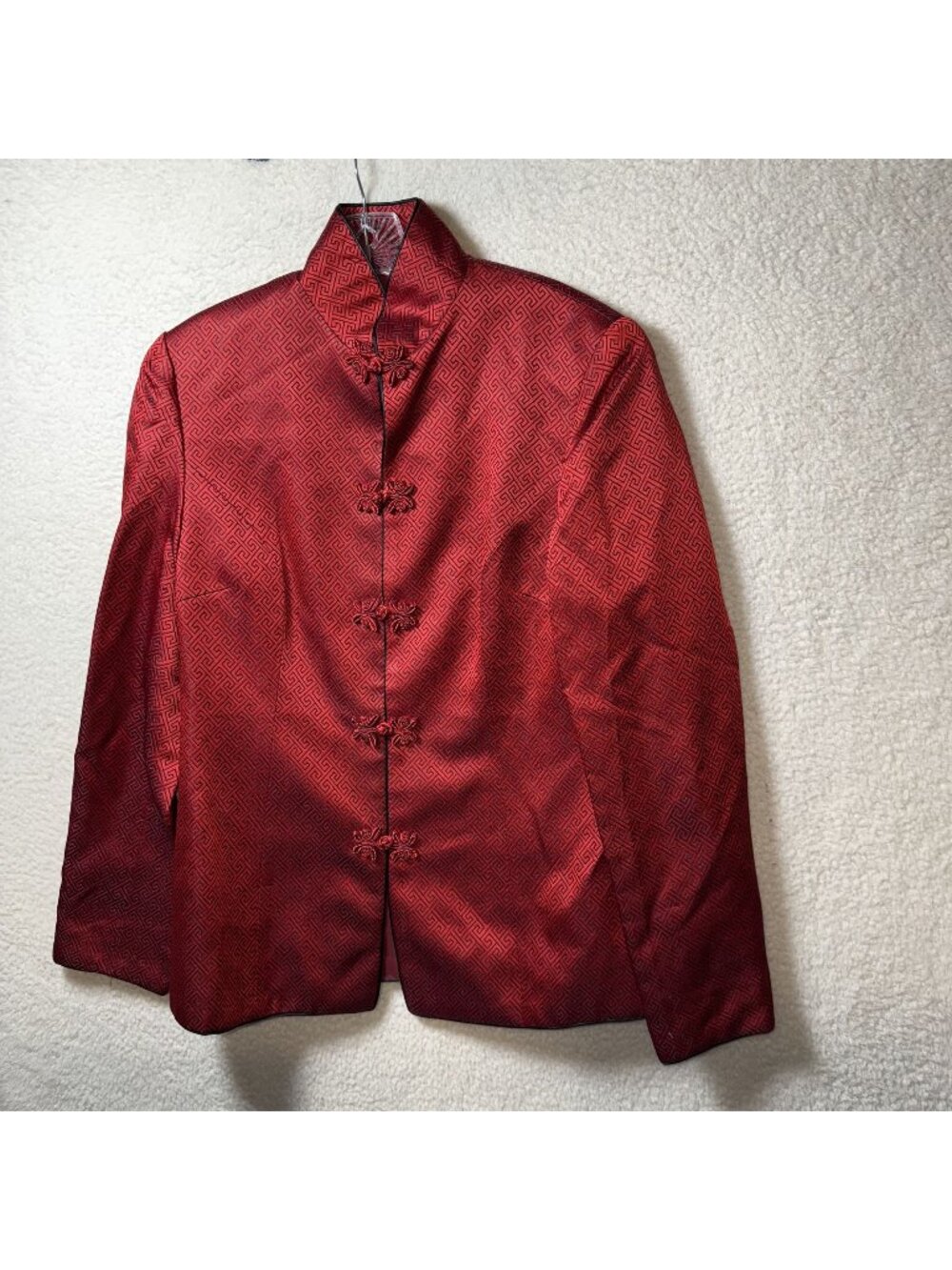 Chinese Brocade Red Satin Jacket Frog Closures Geometric Pattern Elegant Medium